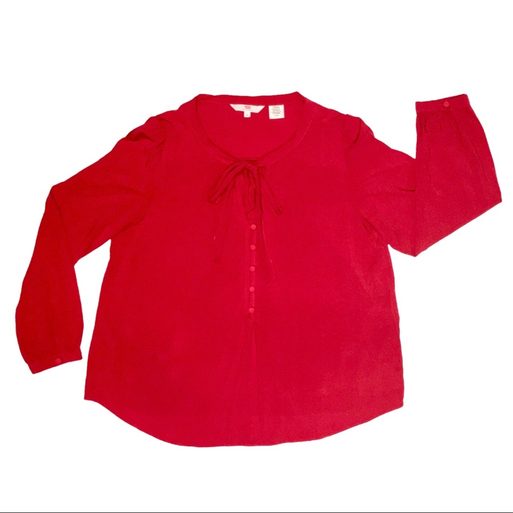 Vintage Inspired Red Blouse with Tie and Buttons, 3/4 Puffed Sleeve Levi's Small - Picture 8 of 15